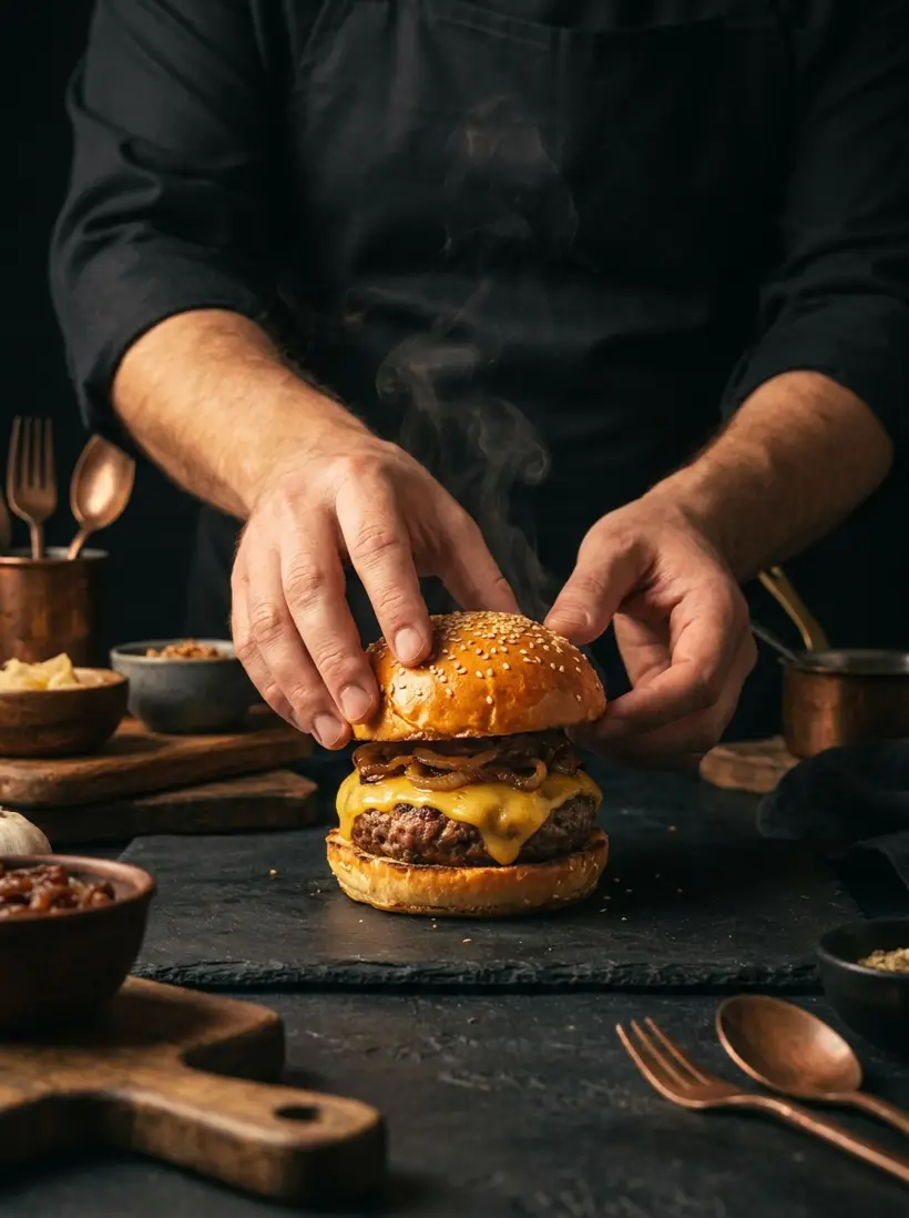 Le burger MENHIR monté à la main dans l'atelier
