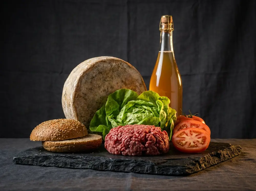 Produits bretons frais sur ardoise : tomme, bœuf, pain, cidre